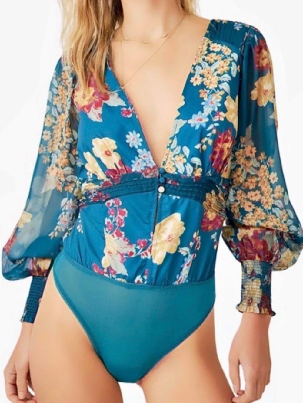Free People Wanderlust Bodysuit, featuring gorgeous sheer chiffon floral sleeves